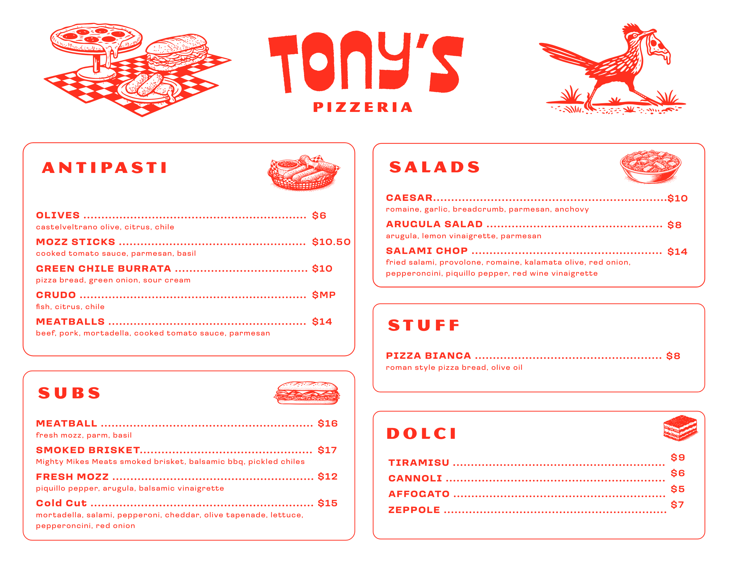 Tony's Pizzeria Menu Page 1