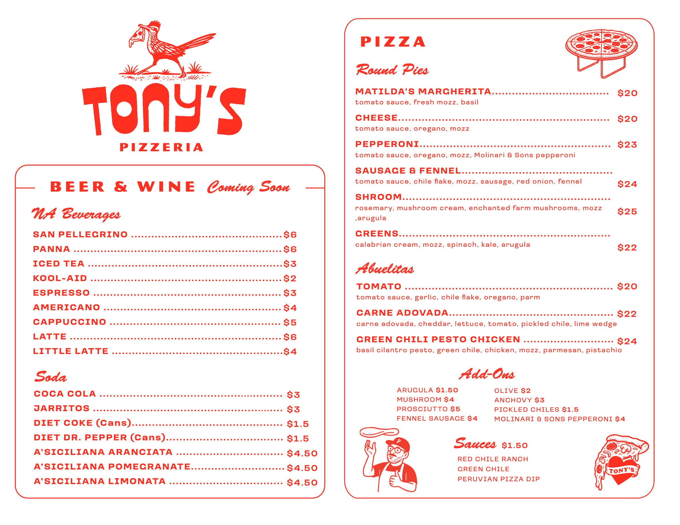 Tony's Pizzeria Menu Page 2